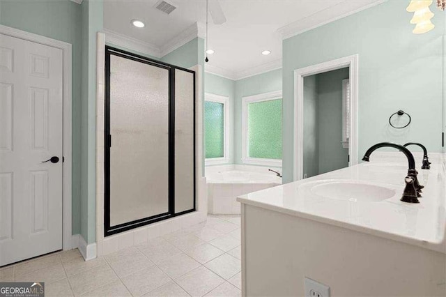 bathroom with independent shower and bath, vanity, tile patterned floors, and crown molding