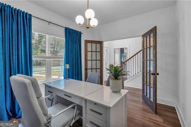 office with dark wood-type flooring, french doors, baseboards, and a chandelier