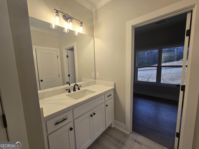 bathroom featuring ornamental molding, vanity, and wood-type flooring