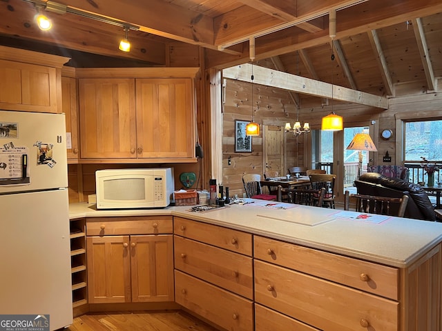 kitchen featuring lofted ceiling with beams, hanging light fixtures, wooden ceiling, light wood-type flooring, and white appliances