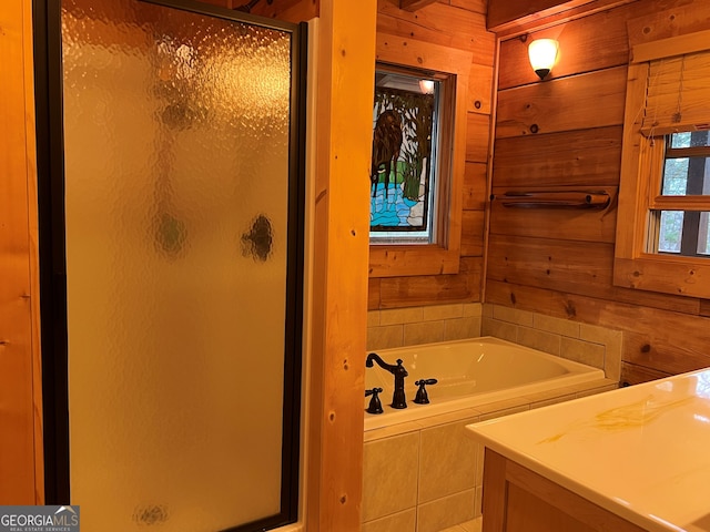 bathroom with plus walk in shower and wooden walls