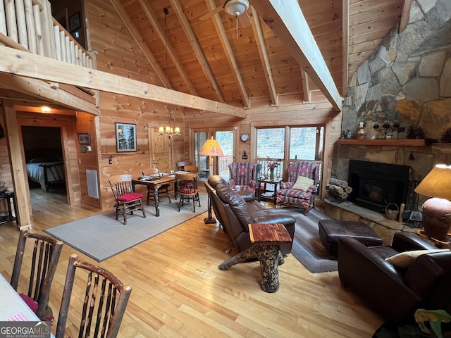 living room with light wood-type flooring, wooden ceiling, and wood walls