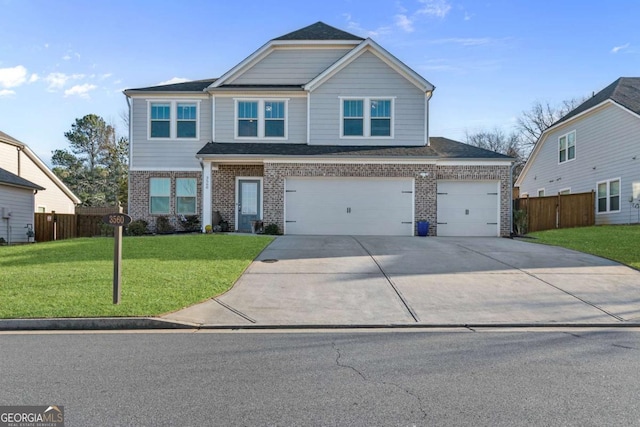 craftsman inspired home featuring driveway, brick siding, a front yard, and fence