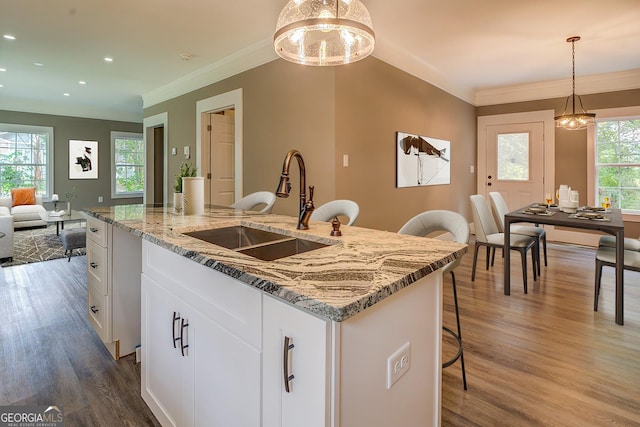 kitchen with pendant lighting, white cabinetry, an island with sink, sink, and light stone countertops