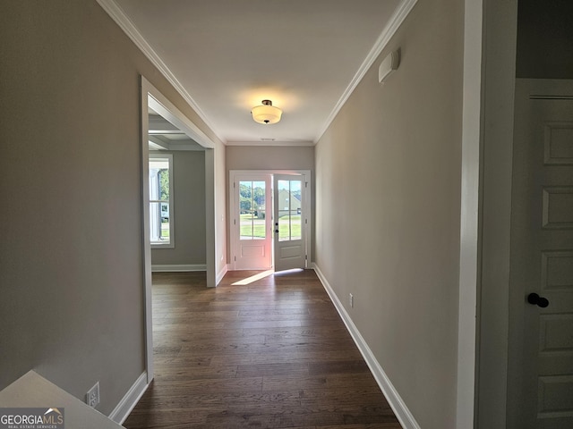 doorway featuring dark hardwood / wood-style flooring and ornamental molding