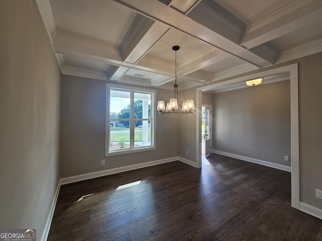 unfurnished dining area with beamed ceiling, dark hardwood / wood-style flooring, coffered ceiling, crown molding, and an inviting chandelier