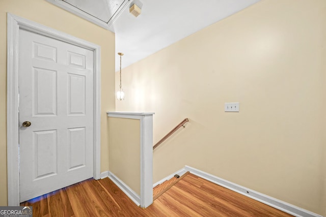 staircase with hardwood / wood-style flooring