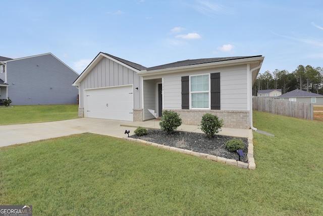 single story home with a garage and a front lawn