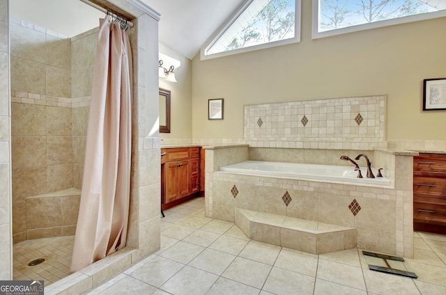 bathroom featuring vanity, tile patterned flooring, high vaulted ceiling, and separate shower and tub