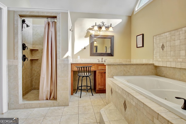 bathroom featuring tile patterned flooring, plus walk in shower, and vanity