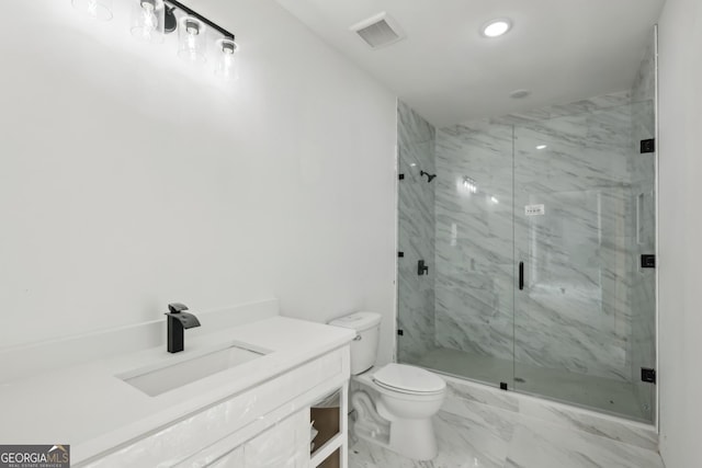 bathroom with walk in shower, vanity, and toilet