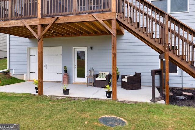 exterior space with stairway, a patio, and a lawn
