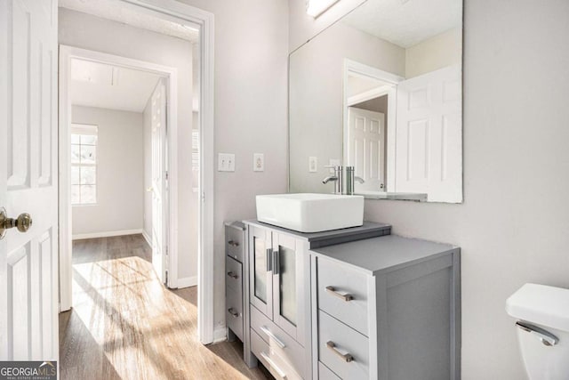 bathroom featuring vanity, toilet, and hardwood / wood-style floors