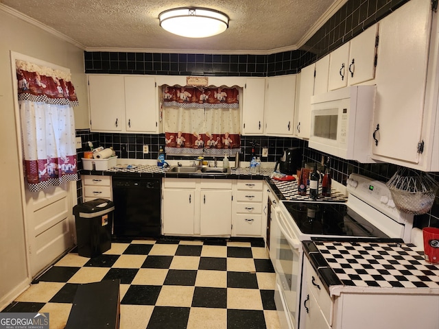 kitchen featuring sink, backsplash, white cabinets, ornamental molding, and white appliances