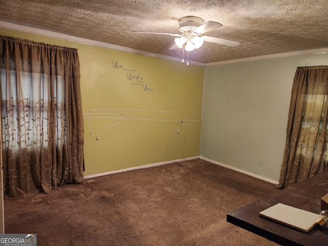 unfurnished room featuring crown molding, carpet flooring, and a textured ceiling