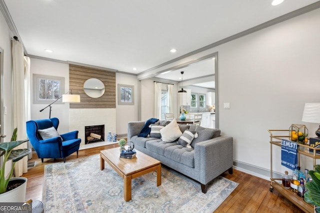 living room with crown molding, wood-type flooring, and a fireplace