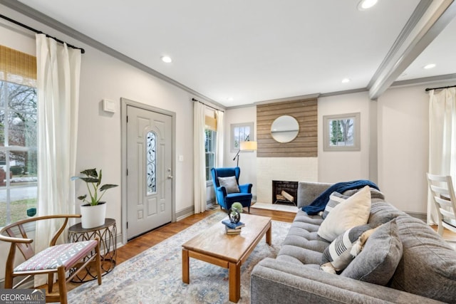 living room featuring ornamental molding, plenty of natural light, a fireplace, and light wood-type flooring