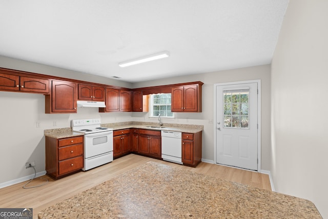 kitchen featuring white appliances, sink, and light hardwood / wood-style flooring