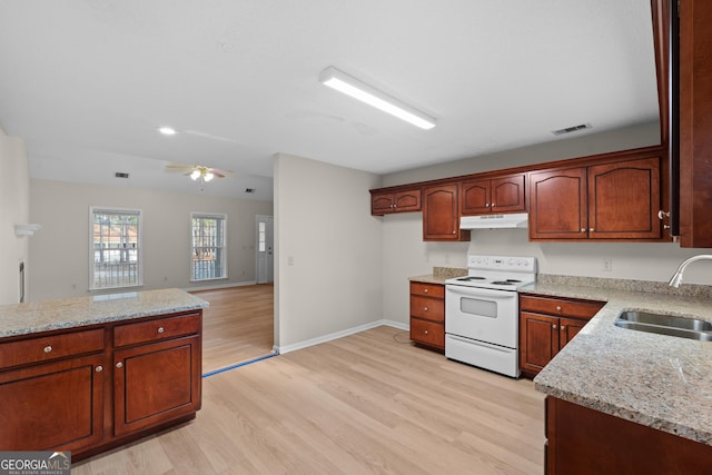 kitchen featuring sink, light wood-type flooring, light stone countertops, and white range with electric cooktop