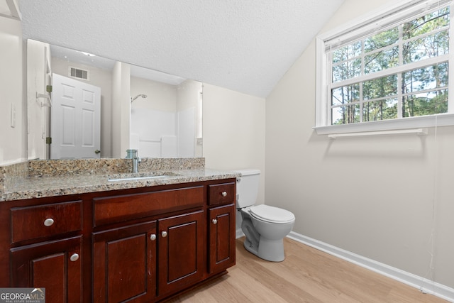 bathroom featuring lofted ceiling, hardwood / wood-style floors, vanity, a textured ceiling, and a shower