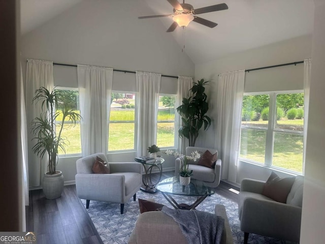 sitting room featuring hardwood / wood-style flooring, high vaulted ceiling, a wealth of natural light, and ceiling fan