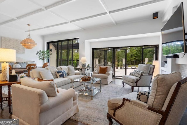 living room featuring beamed ceiling, coffered ceiling, and hardwood / wood-style floors