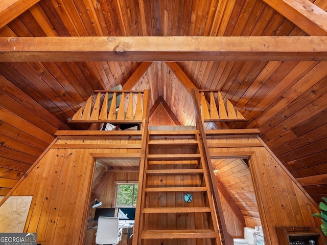 room details with beamed ceiling, wood walls, and wooden ceiling