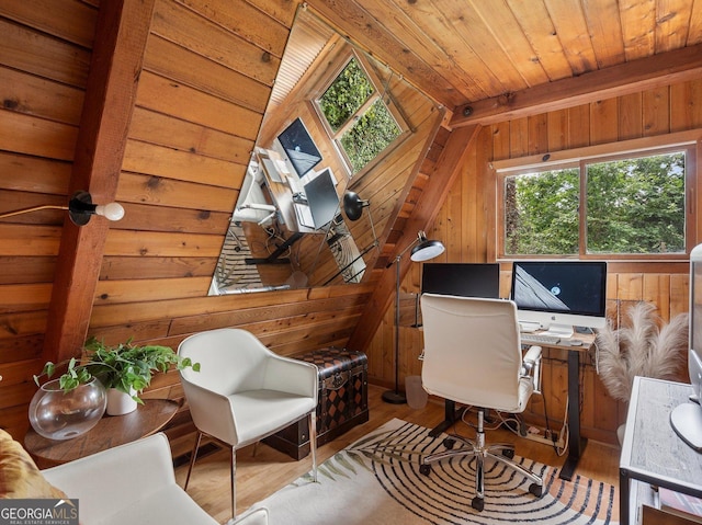 office space featuring a wealth of natural light, wooden walls, wood ceiling, and wood finished floors