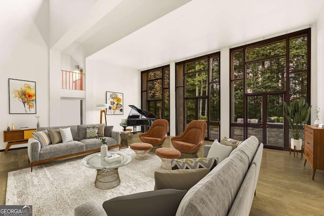 living room featuring wood-type flooring, expansive windows, and plenty of natural light