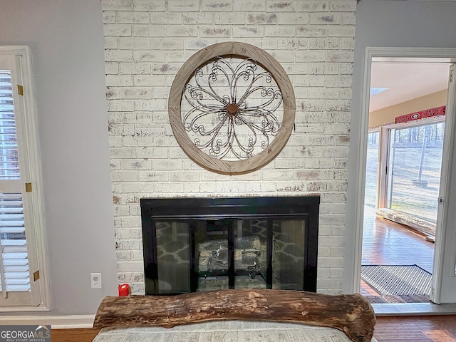 interior details featuring a fireplace