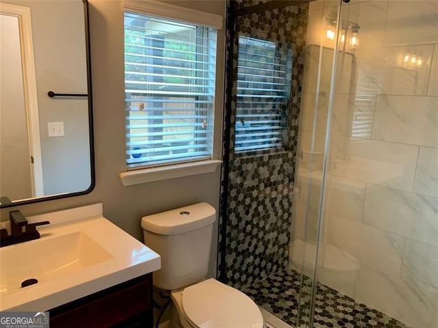 bathroom featuring toilet, a wealth of natural light, vanity, and walk in shower