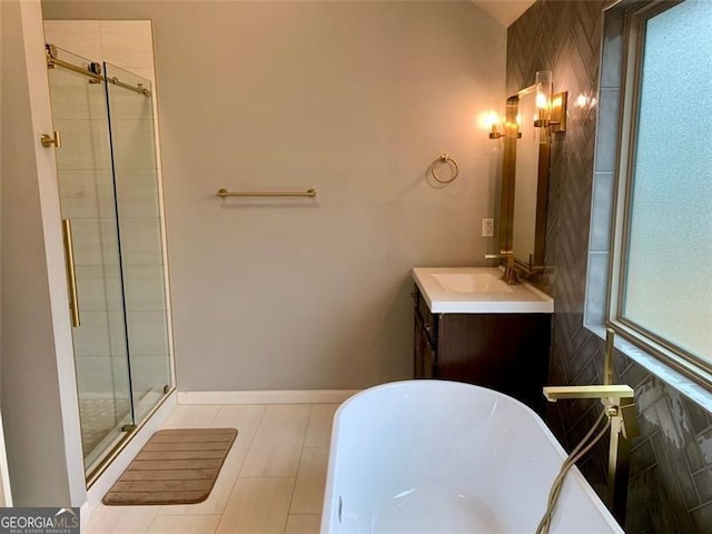 bathroom with vanity and plus walk in shower