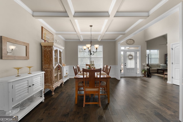 dining area with coffered ceiling, a notable chandelier, crown molding, dark wood-type flooring, and beam ceiling