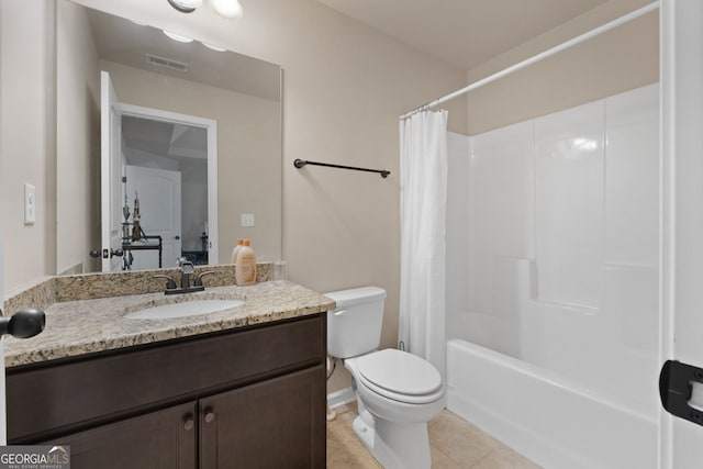 full bathroom with tile patterned flooring, vanity, toilet, and shower / bath combo with shower curtain