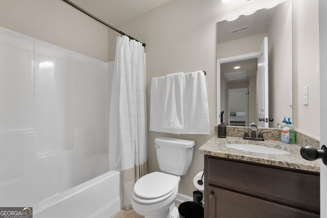 full bathroom with vanity, shower / tub combo with curtain, and toilet