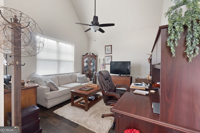 office area featuring high vaulted ceiling, dark hardwood / wood-style floors, and ceiling fan