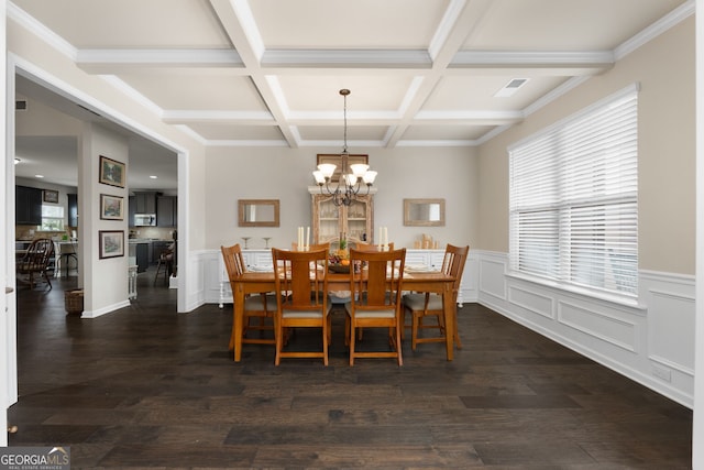 dining room with dark wood-type flooring, coffered ceiling, a chandelier, ornamental molding, and beam ceiling