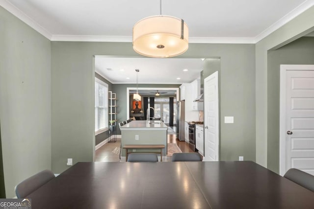 dining area featuring ornamental molding, sink, hardwood / wood-style floors, and ceiling fan