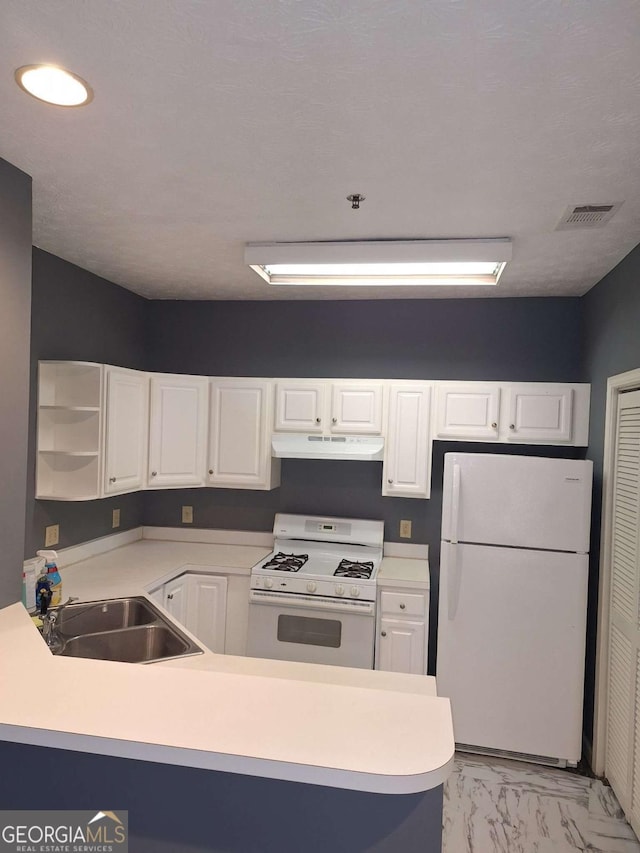 kitchen featuring white cabinetry, white appliances, kitchen peninsula, and sink