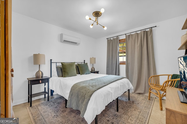 bedroom featuring an inviting chandelier and a wall mounted AC