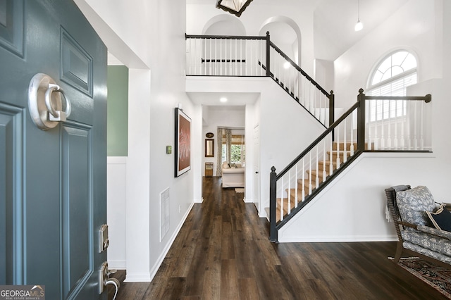 foyer with a towering ceiling and dark hardwood / wood-style floors