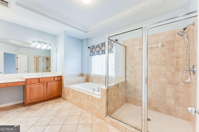 bathroom featuring vanity, crown molding, tile patterned floors, and separate shower and tub