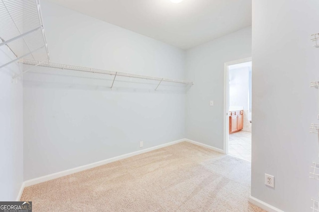 walk in closet featuring light colored carpet