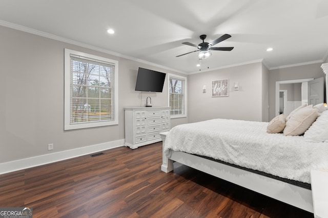 bedroom with ceiling fan, ornamental molding, and dark hardwood / wood-style flooring