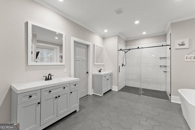 bathroom with crown molding, shower with separate bathtub, and vanity