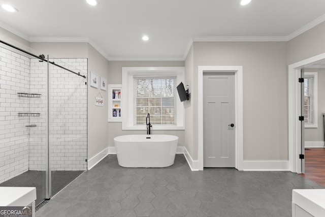 bathroom with crown molding and plus walk in shower