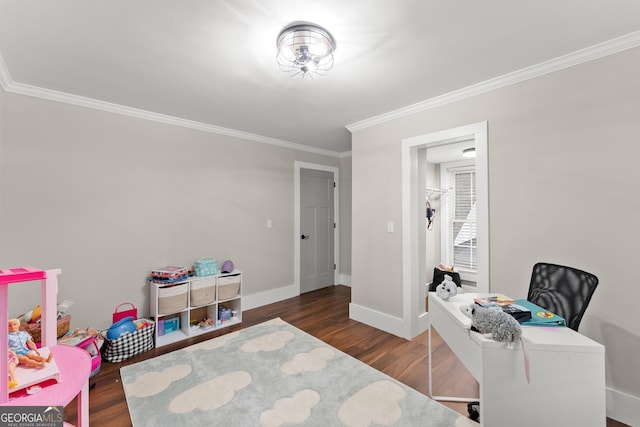 office area featuring crown molding and dark hardwood / wood-style floors