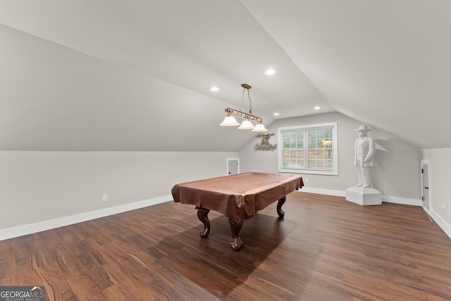 recreation room with pool table, lofted ceiling, and dark hardwood / wood-style flooring