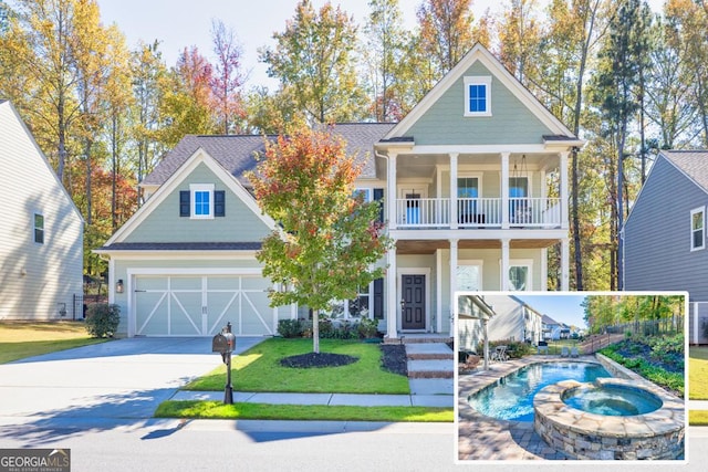 craftsman-style home featuring a balcony, a garage, and a porch