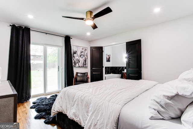 bedroom with light hardwood / wood-style flooring, access to outside, and ceiling fan